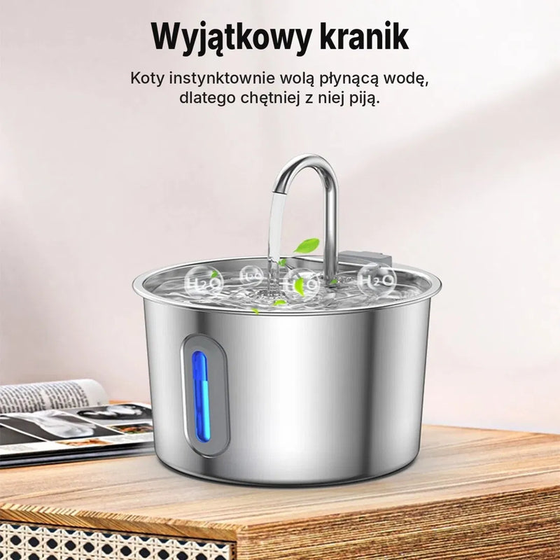 Cicha fontanna dla kota ze stali nierdzewnej 2,2 l z filtrem