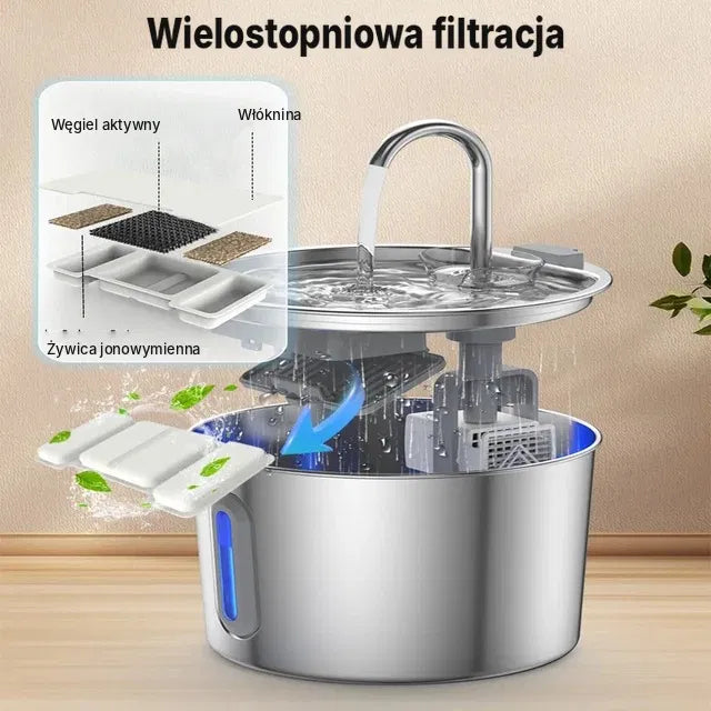 Cicha fontanna dla kota ze stali nierdzewnej 2,2 l z filtrem